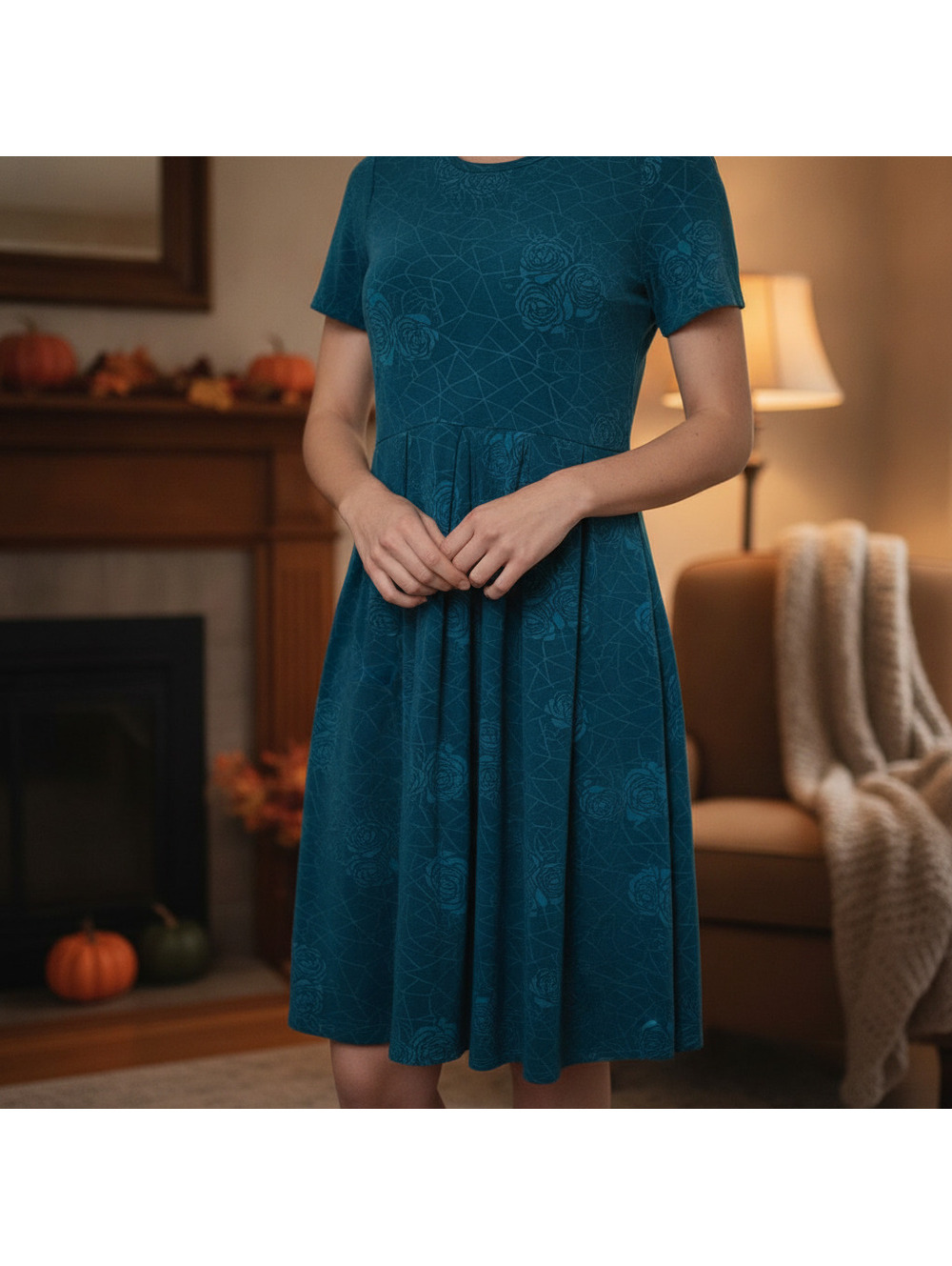 LuLaRoe Amelia Dress, Size L, Teal, Turquoise, Green, Geometric Roses